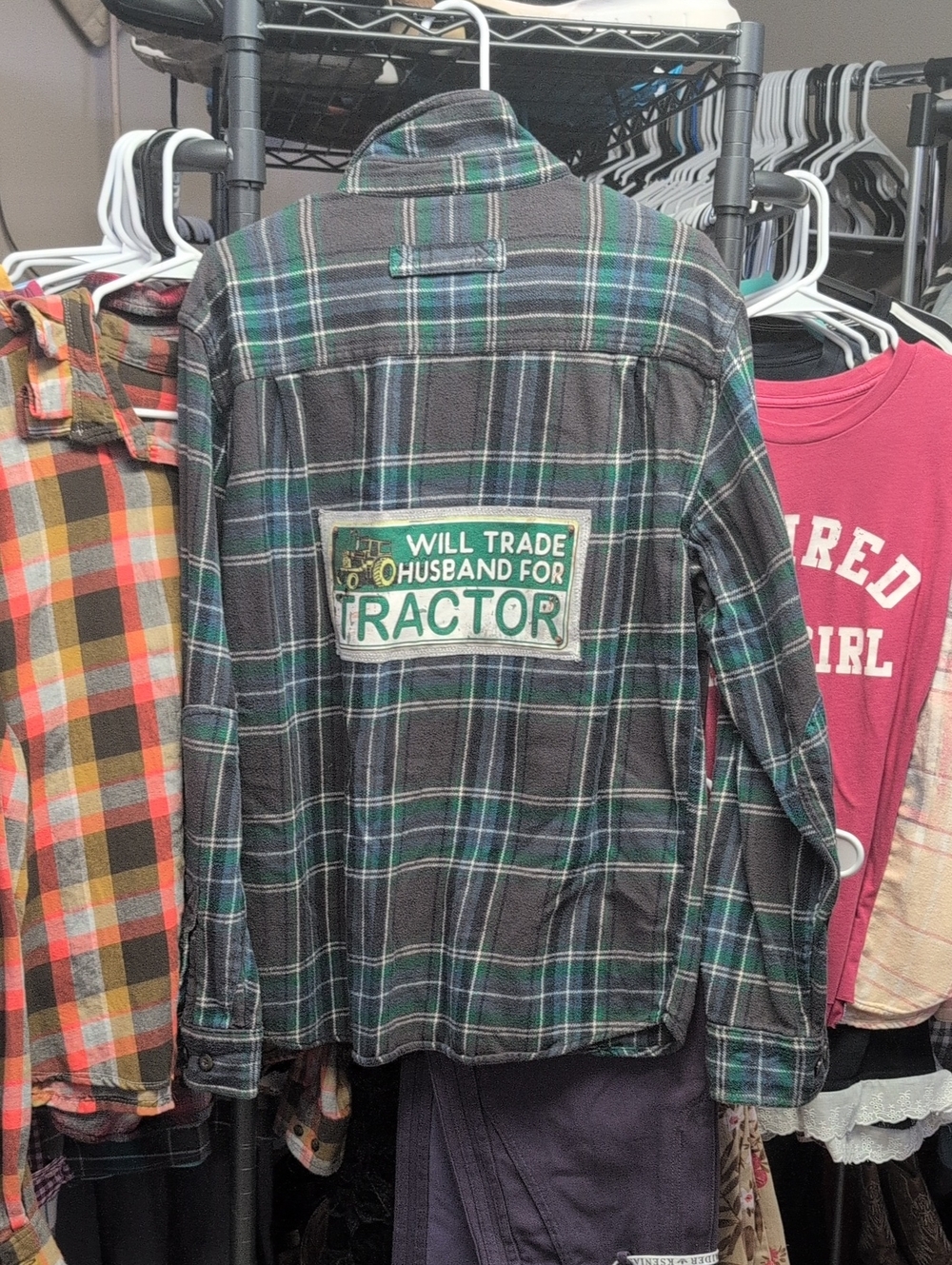 Green and Black Graphic Upcycle Flannel Shirt with Tractor Patch